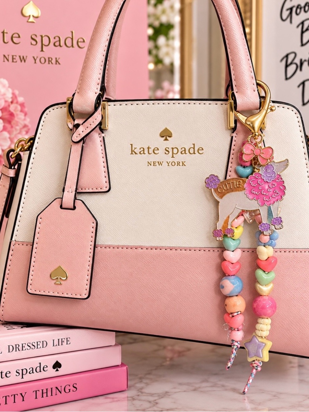 kate spade Pink and Cream Colorblock Dome Satchel with Charm Keychain